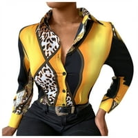 Dadaria Womens Tops Dressing Lady Slim Leopard Ispis Kontrastna gornja majica dugih rukava Yellow XS,