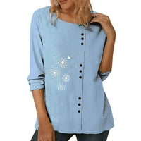 Paptzroi Žene Dandelion Print Crew majica za vrat Dugih rukava Pamučna posteljina majica Jesen Loofting