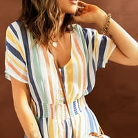 Ženska ljetna modna elastična struka Striped print V Gumb za vrat kratkim rukavima Slouchy čipka pamuk