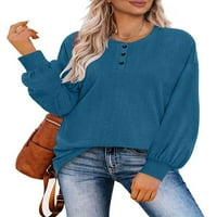 GLONME Čvrsta boja majica Dame Plain Loungewear Majica Casual Ribded Manžet Tee Peacock Blue XL